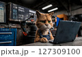 Sad ginger cat mechanic working on laptop in auto repair shop, checking spare parts order online, local auto service concept and ordering spare parts for car repair online 127309100