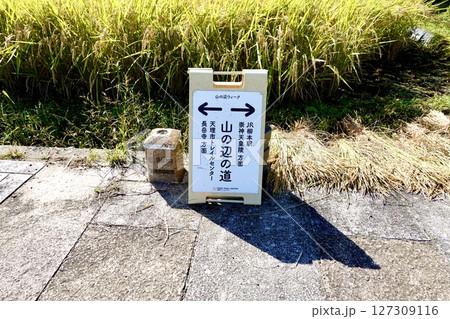 山の辺の道(やまのべのみち) 天理市トレイルセンターとJR柳本駅への方向を示す看板 奈良県天理市 山の辺の道(やまのべのみち) 天理市トレイルセンターとJR柳本駅への方向を示す看板 奈良県天理市 127309116