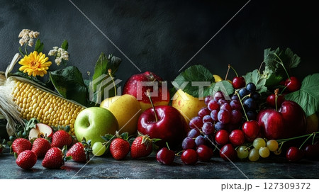 Colorful Assortment of Fresh Fruits and Vegetables on Dark Surface 127309372
