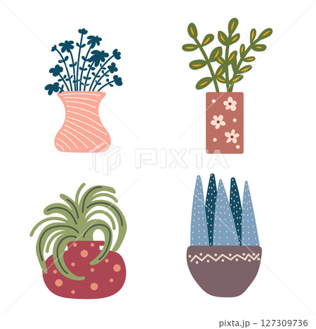 Set of potted plants. Hand drawn plants in pots. Interior plants. 127309736