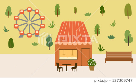 Food shop in park. Outdoor kiosk with red roof. Illustration with street shop and bench near the forest. Food shop in park. Outdoor kiosk with red roof. Illustration with street shop and bench near the forest. 127309747