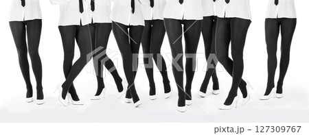 Collage of women legs with burgundy tights and white high heel shoes 127309767