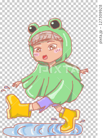 一個穿著雨衣的女孩在水坑裡玩耍 127309928