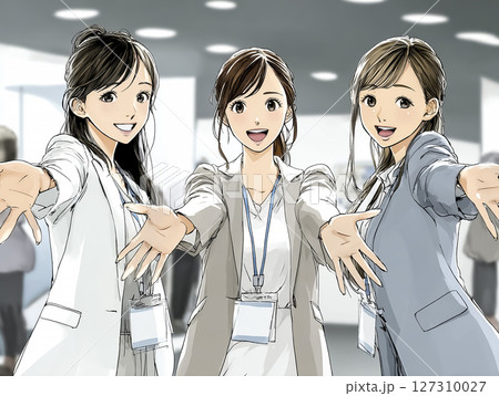 手を広げて挨拶をする3人のビジネスウーマンのイラスト素材 127310027