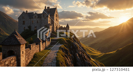 Highland Castle at Sunrise A majestic wide-angle view of an ancient castle perched atop rugged highlands, illuminated by the soft 127310481