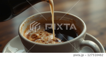 Coffee and Milk Swirl Art in a Cup A macro shot of milk being poured into dark coffee, creating hypnotic 127310482