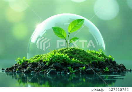 Dome protects the plant. Green Planet Earth Day or Environment Day concept. Paris Agreement concept. Ecology concept. 127310722