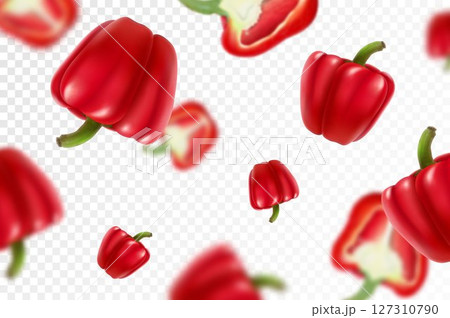 Falling red bell peppers isolated on a transparent background with clipping path as package design element and advertising. Flying vegetables with blurry effect. Realistic 3d vector Falling red bell peppers isolated on a transparent background with clipping path as package design element and advertising. Flying vegetables with blurry effect. Realistic 3d vector 127310790