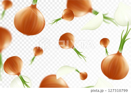 Onion background. Falling fresh ripe onions, isolated on transparent background. Selective focus. Flying defocusing onions. Applicable for ketchup, juice advertising. Realistic 3d vector 127310799