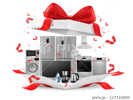 Gift concept, home appliances inside gift box. Refrigerator, microwave, food processor, TV, washing machine, gas stove, isolated on white background. 3D rendering. Realistic vector illustration 127310800