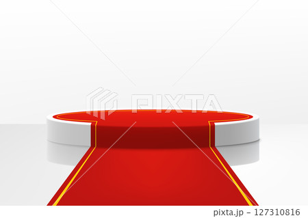 Illuminated stage podium with red path for award ceremony. Realistic 3d vector illustration, vip celebrity lifestyle concept. Stage for the winners and awards ceremony. 127310816