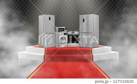 Illuminated podium or Pedestal with red path and household appliances: microwave oven, washing machine, refrigerator, stove, ,TV, dishwasher, kitchen hood. Realistic 3D vector Illuminated podium or Pedestal with red path and household appliances: microwave oven, washing machine, refrigerator, stove, ,TV, dishwasher, kitchen hood. Realistic 3D vector 127310820