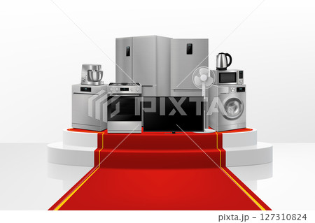 Show Podium or Pedestal with red path and household appliances: microwave oven, washing machine, refrigerator, stove, ,TV, dishwasher, kitchen hood. Realistic 3D vector Show Podium or Pedestal with red path and household appliances: microwave oven, washing machine, refrigerator, stove, ,TV, dishwasher, kitchen hood. Realistic 3D vector 127310824