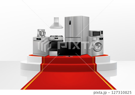 Show Podium or Pedestal with red path and household appliances: microwave oven, washing machine, refrigerator, stove, ,TV, dishwasher, kitchen hood. Realistic 3D vector 127310825