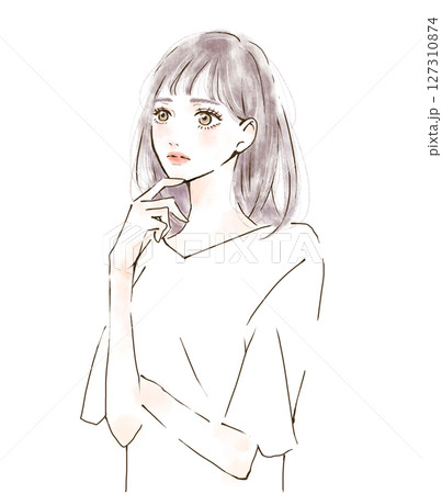 悩む人物のイラスト　水彩風　疑問　質問　考えるポーズ 127310874
