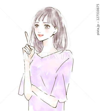 指をさしながら前向きに考える女性　明るい表情 127310875