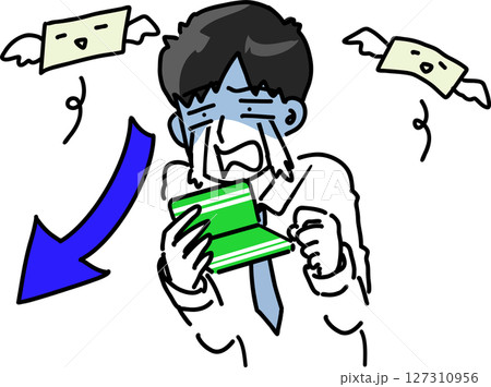 残高の少ない通帳を見て号泣するサラリーマンのベクターイラスト 127310956
