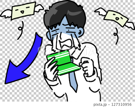 Vector illustration of a businessman crying when he sees a bankbook with a low balance 127310956
