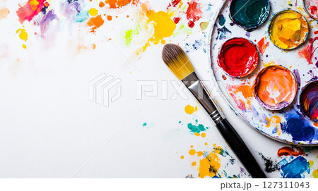 paintbrush and a colorful palette on white canvas with watercolor splashes  127311043