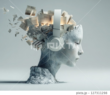 Stone bust listening music with exploding book pages and headphones Stone bust listening music with exploding book pages and headphones 127311298