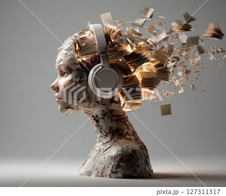 Woman bust listening audiobook with exploding books and headphones 127311317