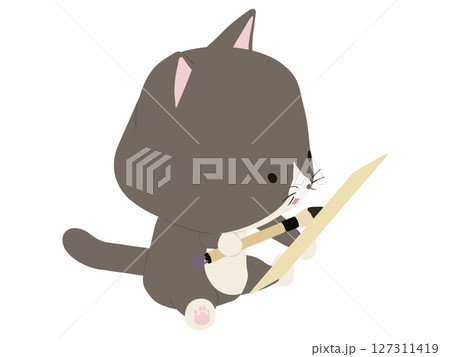 俳句を詠む笑顔のハチワレ猫 127311419