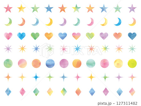 カラフルな水彩風の星やハートなど7種類の図形セット 127311482