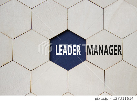 Leader or Manager symbol. Concept word Leader or Manager on wooden comb puzzle. Beautiful deep blue background. Business and Leader or Manager concept. Copy space 127311614