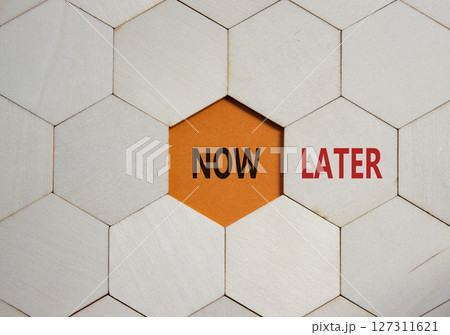 Now vs Later symbol. Concept word Now vs Later on wooden comb puzzle. Beautiful orange background. Business and Now vs Later concept. Copy space 127311621