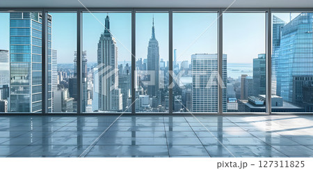 Downtown City Skyscrapers View from Empty Room Interior, Empty Room Interior Overlooking Downtown City Skyscrapers - Ai Generated 127311825