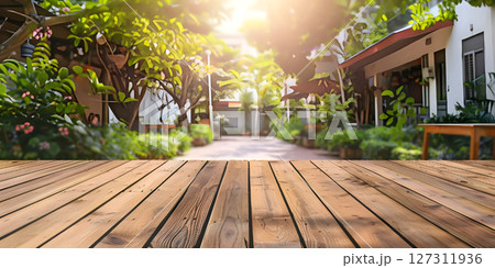 Wooden Deck Table with Blurred Green Courtyard Background, Green Courtyard Background with Empty Wooden Deck Table - Ai Generated 127311936