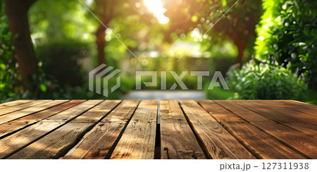 Wooden Deck Table with Blurred Green Courtyard Background, Green Courtyard Background with Empty Wooden Deck Table - Ai Generated 127311938