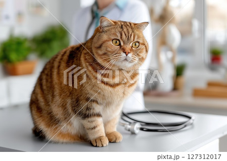 Domestic cat sitting on examination table in veterinary clinic with stethoscope in background 127312017
