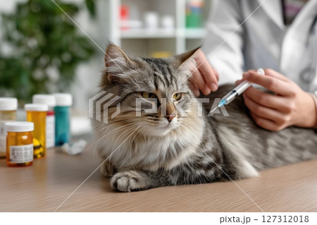 Cat receiving vaccination in veterinary clinic with colorful medicine bottles in the background Cat receiving vaccination in veterinary clinic with colorful medicine bottles in the background 127312018