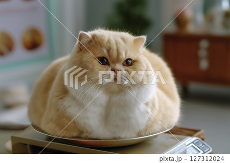 Fluffy orange cat sitting on a scale in a veterinary clinic, showcasing pet health monitoring 127312024