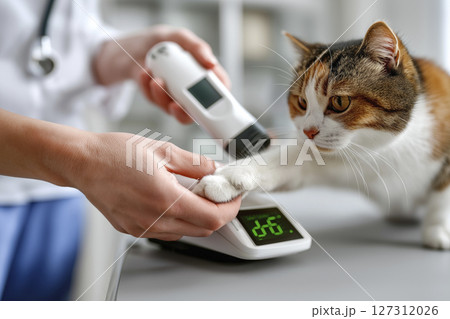 Veterinarian measuring cat's temperature with digital thermometer in a veterinary clinic setting 127312026