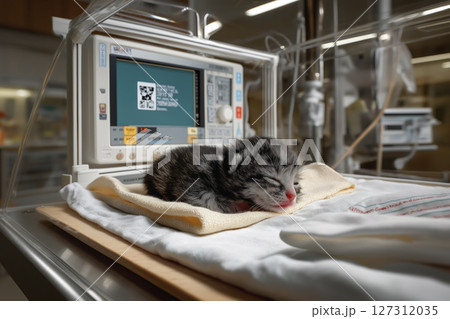 Newborn kitten resting on soft blanket in veterinary clinic with medical equipment in background 127312035