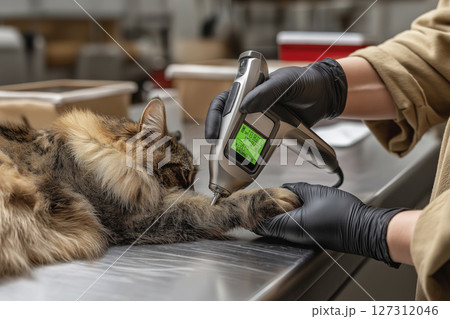 Veterinarian using medical device on a cat's paw in a veterinary clinic setting with equipment Veterinarian using medical device on a cat's paw in a veterinary clinic setting with equipment 127312046