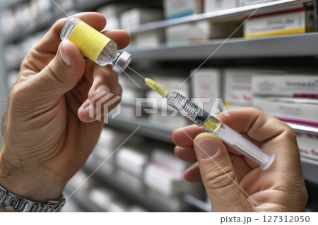 Medical professional preparing a syringe with vaccine from a vial in a pharmacy setting Medical professional preparing a syringe with vaccine from a vial in a pharmacy setting 127312050