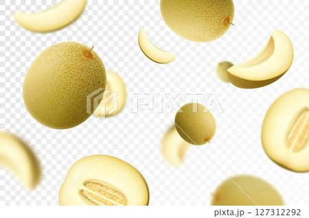 Melon background. Flying whole and sliced melon fruits with blurry effect. Can be used for wallpaper, banner, poster, print, fabric, wrapping paper. Realistic 3d vector illustration 127312292