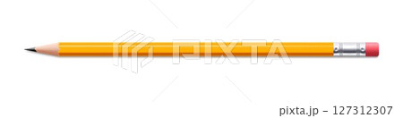 Yellow pencil sharpened with a red rubber band , isolated on white background. Stationery pencil mockup. Realistic 3d vector illustration Yellow pencil sharpened with a red rubber band , isolated on white background. Stationery pencil mockup. Realistic 3d vector illustration 127312307