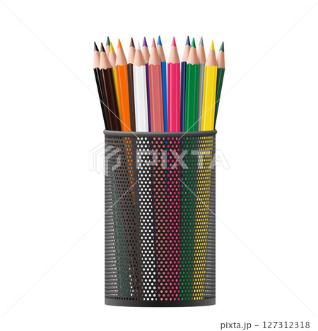 Black metal pencil cup filled with colorful used pencils, isolated on a white background. Realistic 3D vector illustration. Black metal pencil cup filled with colorful used pencils, isolated on a white background. Realistic 3D vector illustration. 127312318