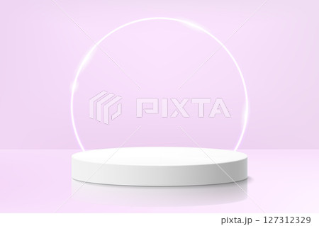 Realistic white 3D cylinder pedestal podium with glowing neon ring backdrop on purple background. White minimal wall scene for product display presentation. Vector geometric rendering platform . 127312329