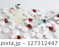 Vial and ampule of drug, 1 ml plastic syringe with needle, drug tablet and capsule isolated on the white background 127312447