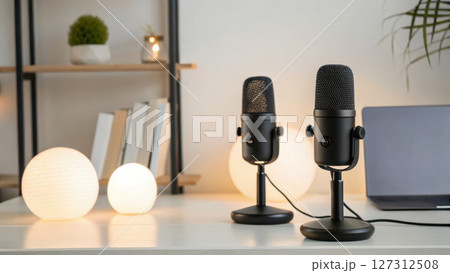 Podcast studio concept, Professional podcast setup with microphones, soft lighting, and laptop 127312508