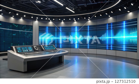 Podcast studio concept, Modern broadcast studio with soundwave display and advanced technology 127312510