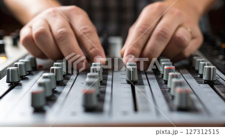 Podcast studio concept, Up close of podcaster hands adjusting knobs on mixer Podcast studio concept, Up close of podcaster hands adjusting knobs on mixer 127312515