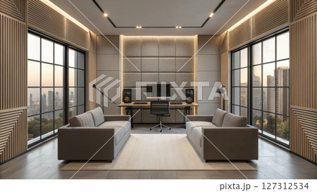 Podcast studio concept, Luxurious podcast studio with minimalist design and city view 127312534