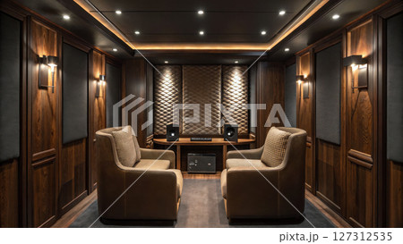 Podcast studio concept, Luxurious podcasting environment with dark wood accents and cozy seating 127312535