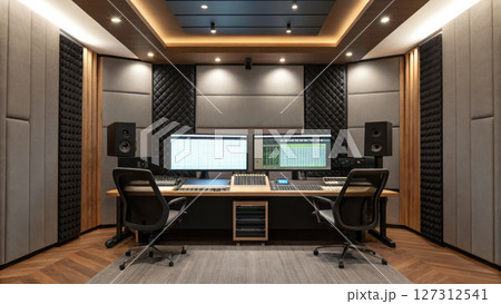 Podcast studio concept, Modern podcast studio with dual screens, soundproofing, and sleek design Podcast studio concept, Modern podcast studio with dual screens, soundproofing, and sleek design 127312541